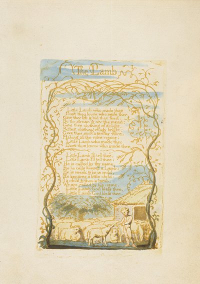 「子羊」、「イノセンスの歌」からのプレート8、1789（紙にトイレでレリーフエッチング） 作： William Blake